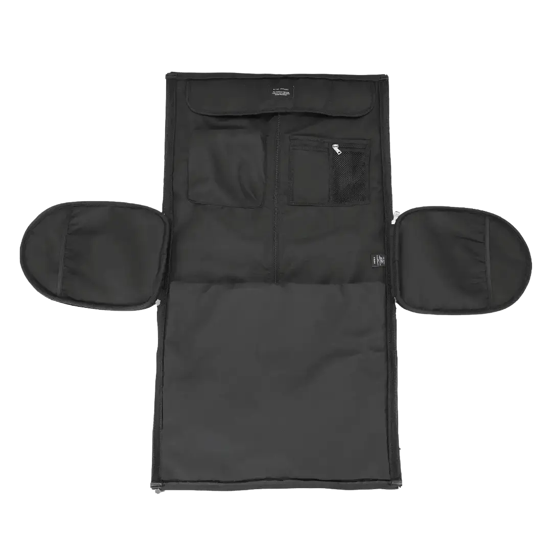 Black travel bag with multiple pockets on a white background