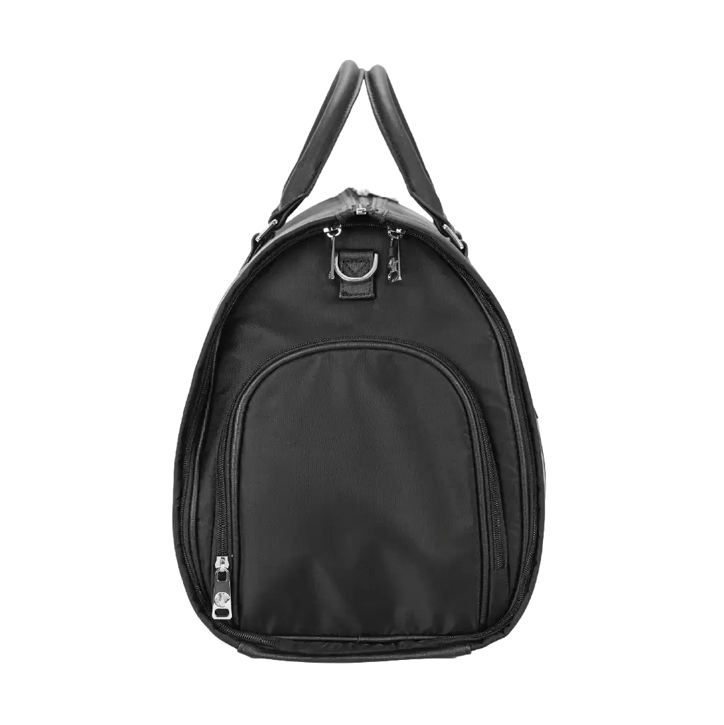 Black duffel bag with handles on a white background