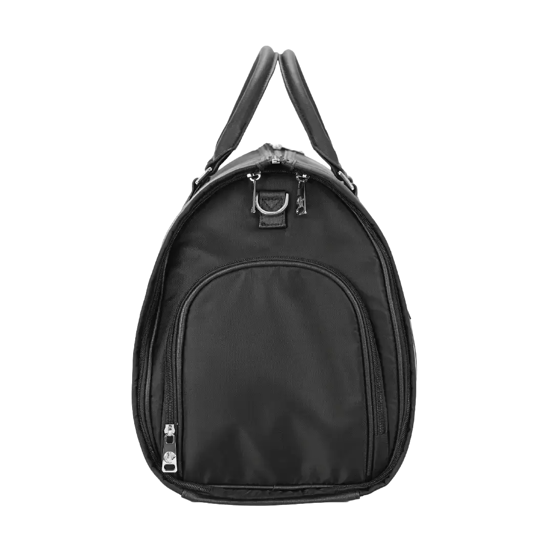 Black duffel bag with handles on a white background