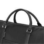 Black duffel bag with handles and a visible brand logo on a white background