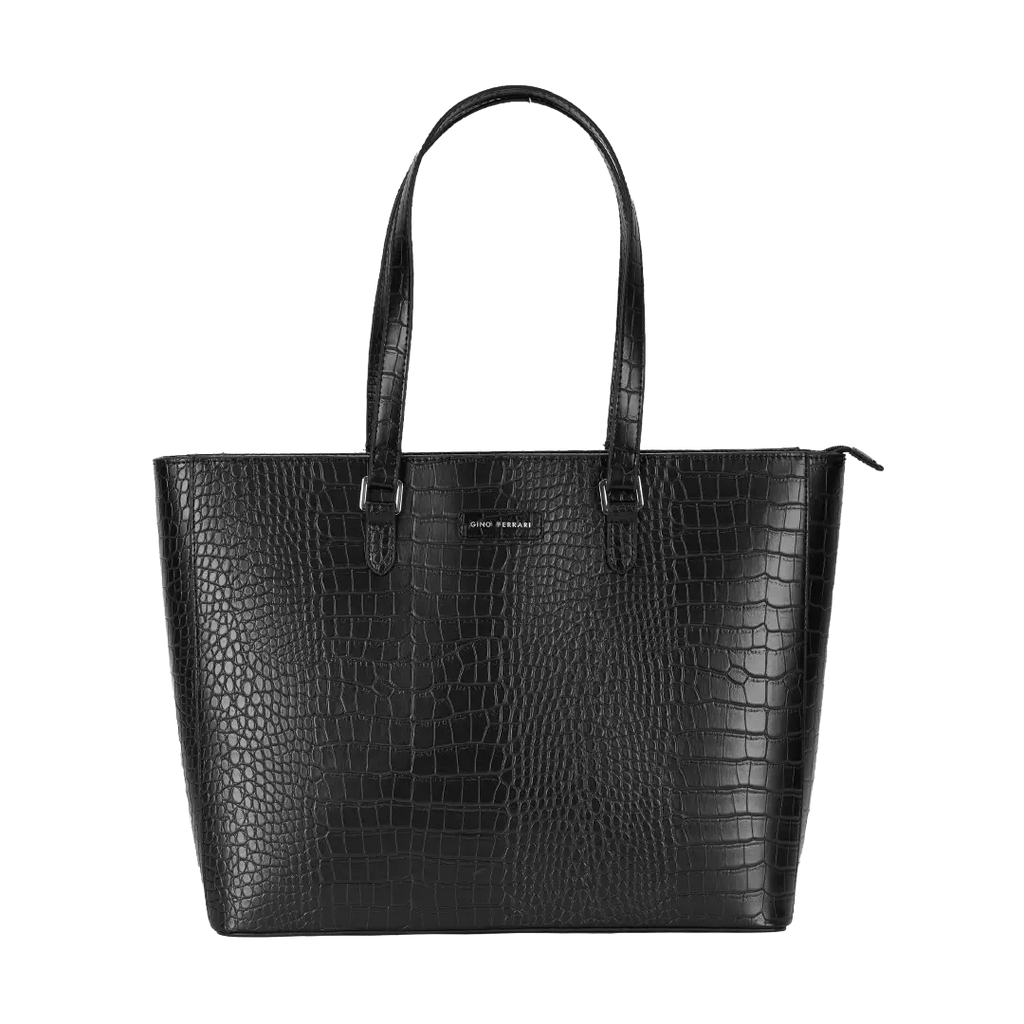 Black crocodile-patterned handbag on a white background