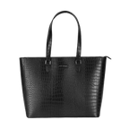 Black crocodile-patterned handbag on a white background