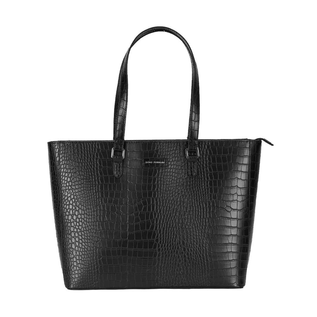 Black crocodile-patterned handbag on a white background