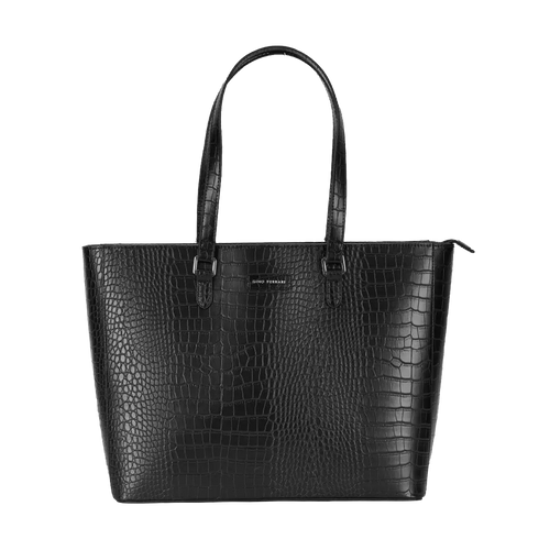 Black crocodile-patterned handbag on a white background