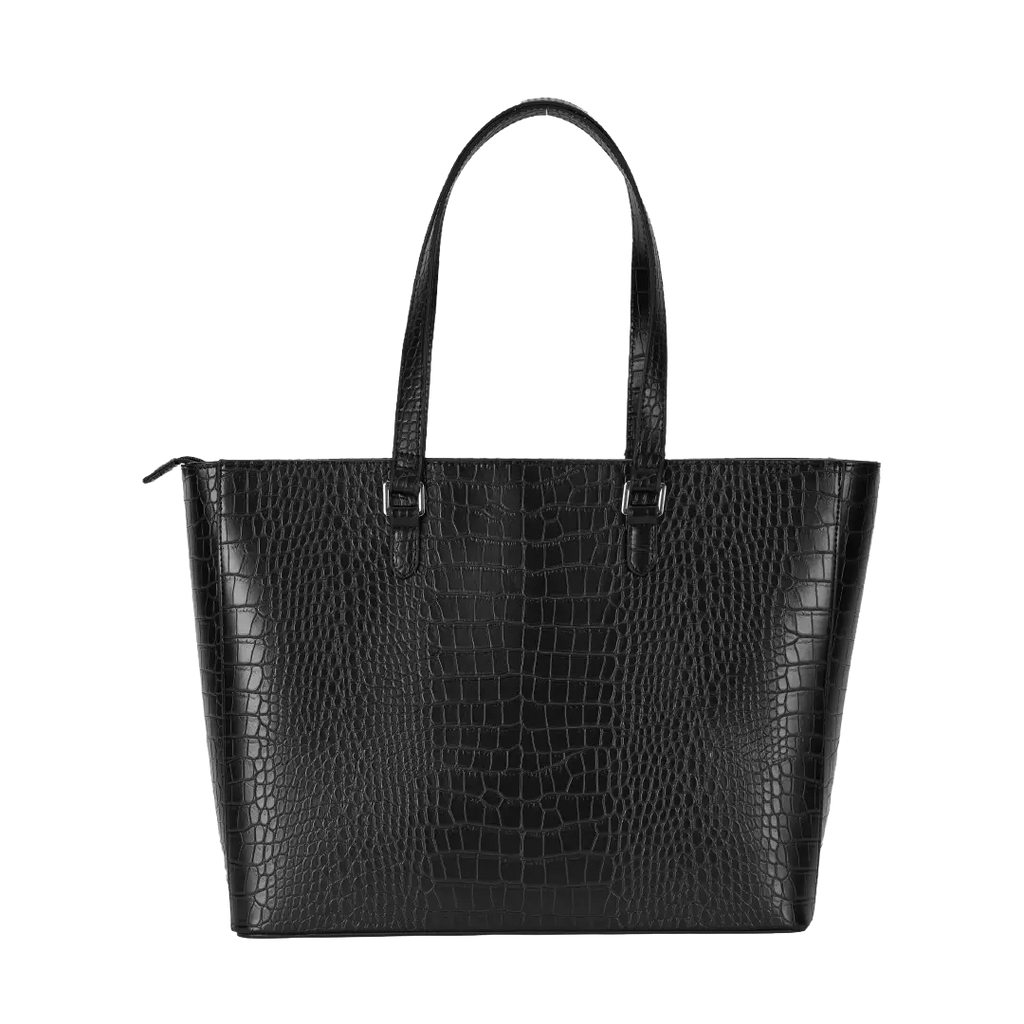 Black crocodile-patterned handbag on a white background