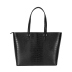 Black crocodile-patterned handbag on a white background