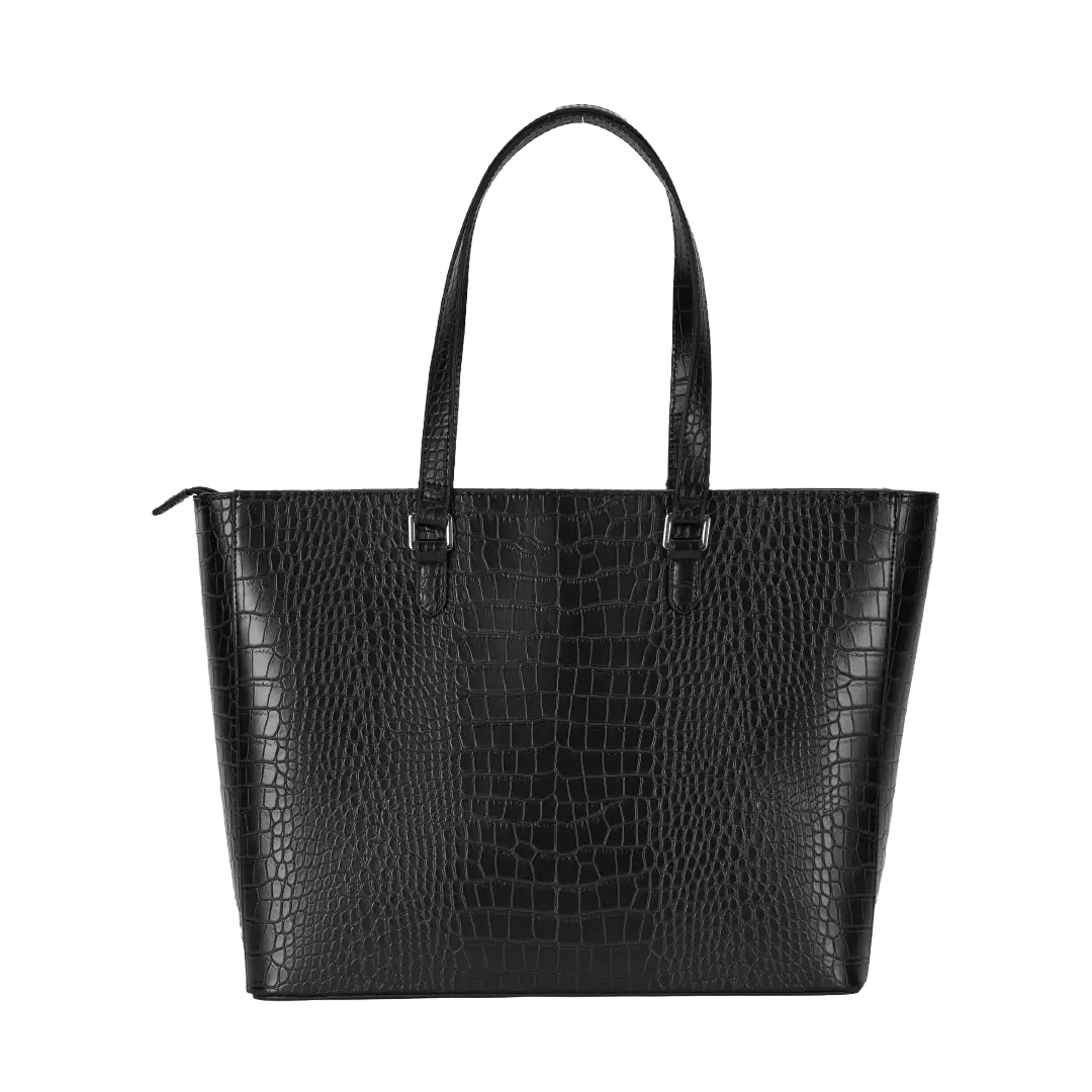 Black crocodile-patterned handbag on a white background