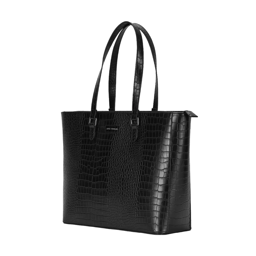 Black textured tote bag on a white background