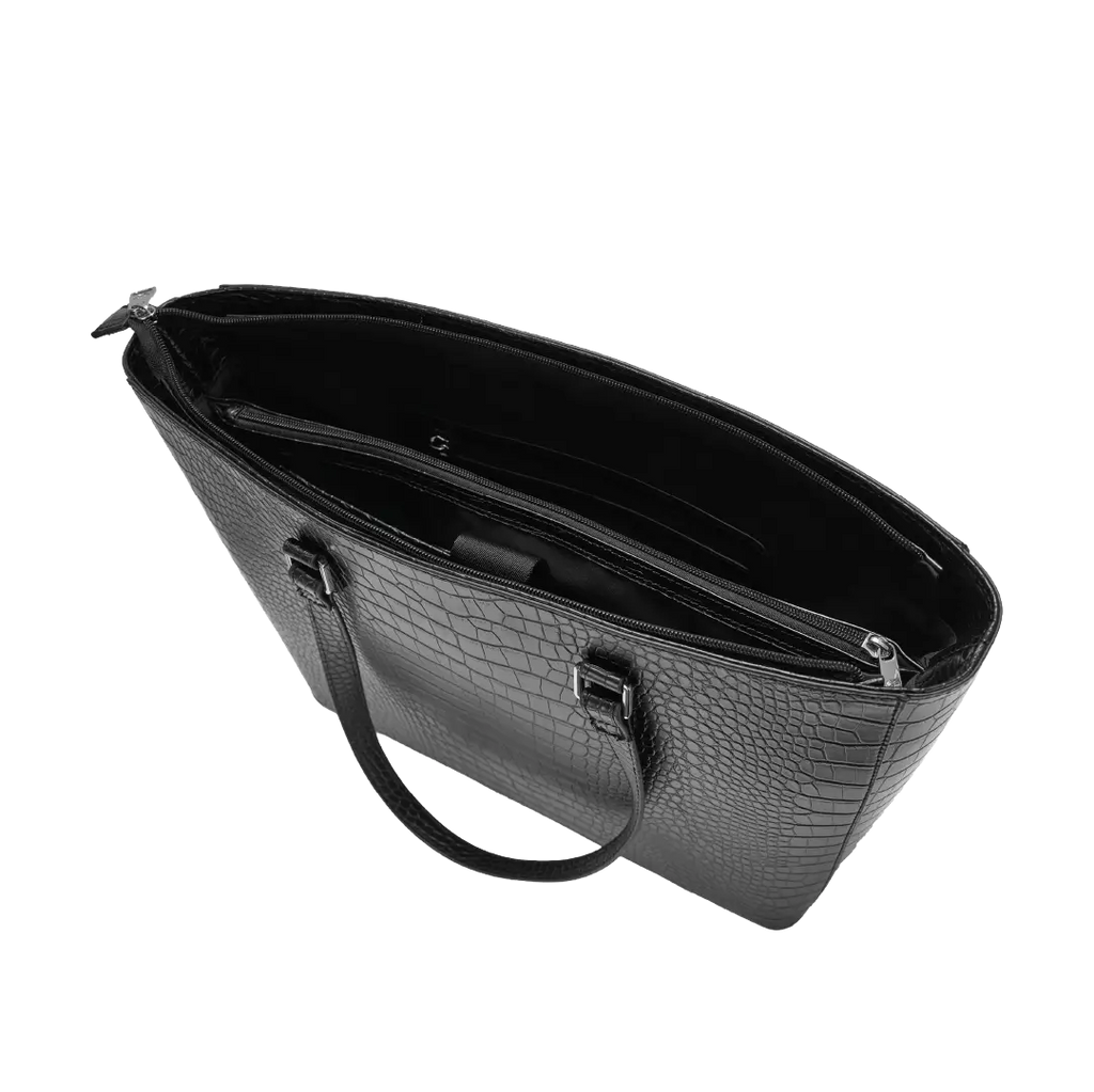 Black textured handbag on a white background