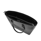 Black textured handbag on a white background