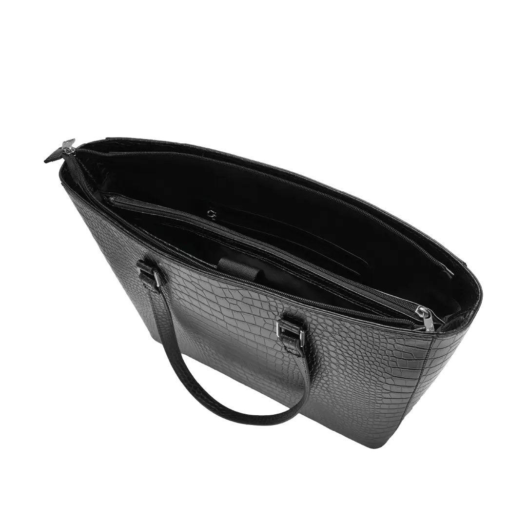 Black textured handbag on a white background