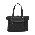 Black quilted handbag with silver hardware on a white background