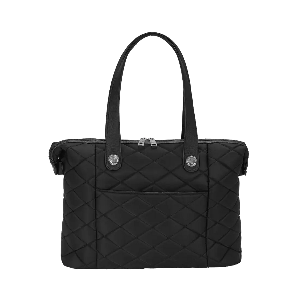 Black quilted handbag on a white background