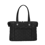Black quilted handbag on a white background