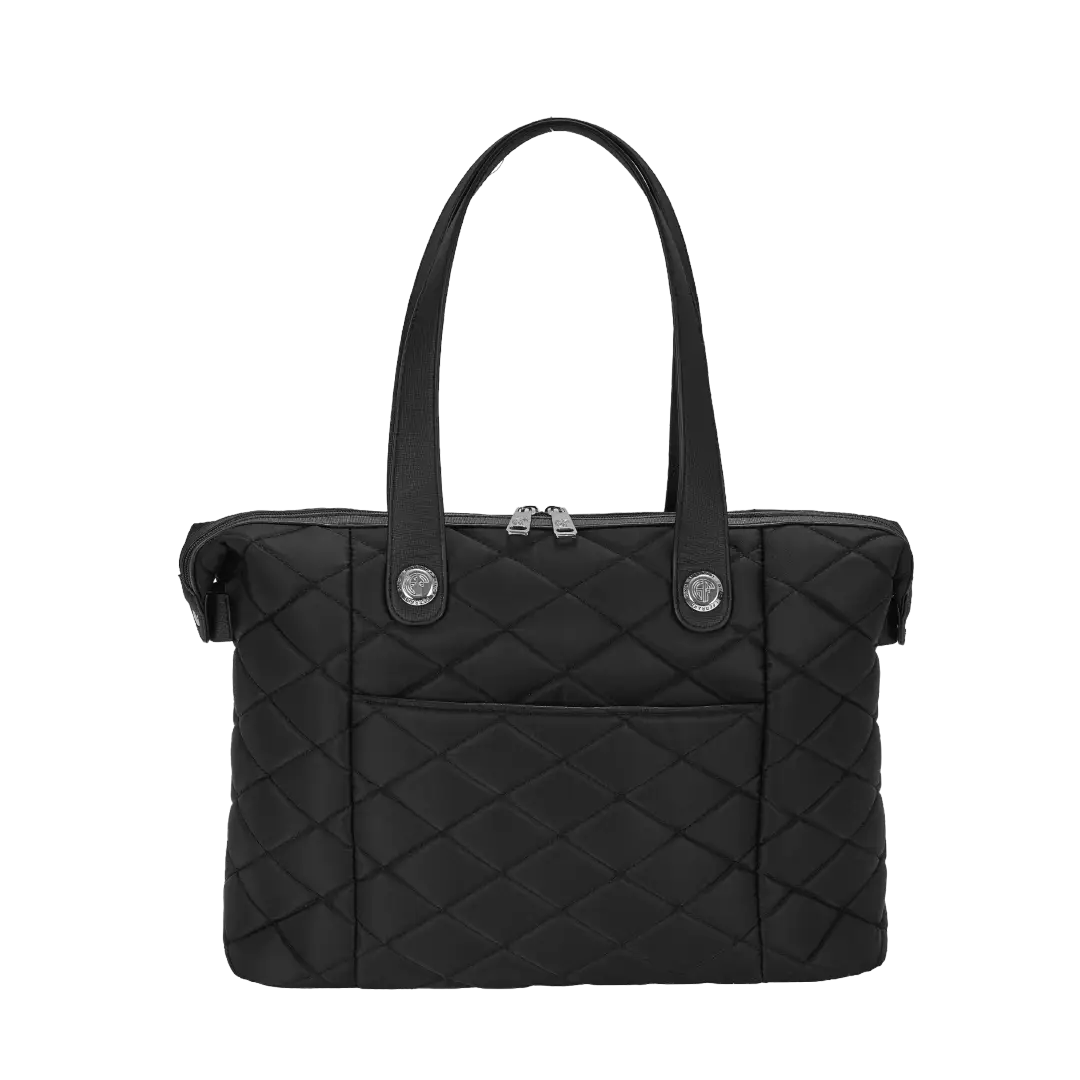 Black quilted handbag on a white background
