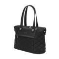 Black quilted handbag on a white background