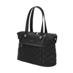 Black quilted handbag on a white background