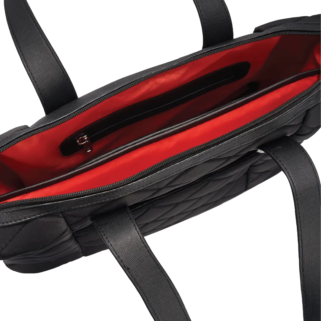Black bag with red interior on a white background