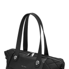 Black handbag with silver zippers on a white background