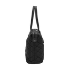Black quilted handbag with a strap on a white background