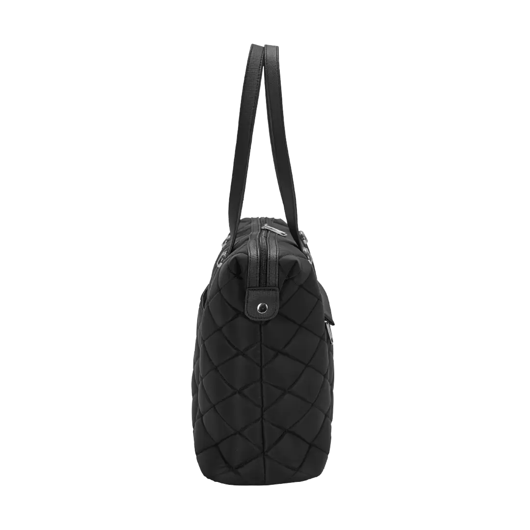 Black quilted handbag with a strap on a white background