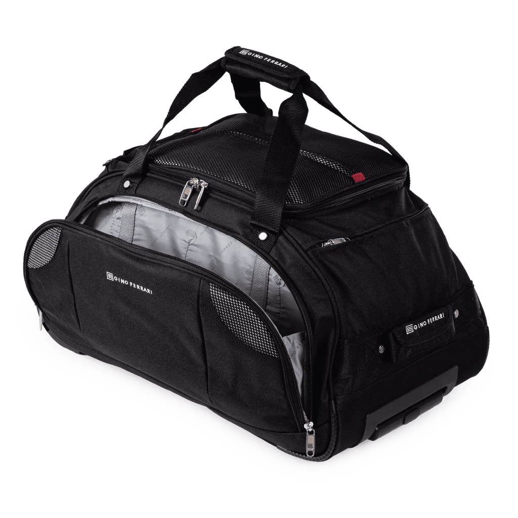 Black duffel bag with visible brand logo on a white background