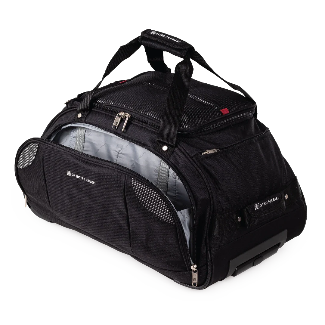 Black duffel bag with visible brand logo on a white background