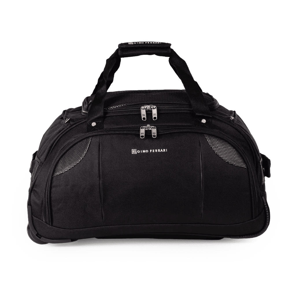 Black duffel bag with branding on a white background
