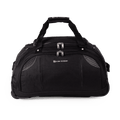 Black duffel bag with branding on a white background