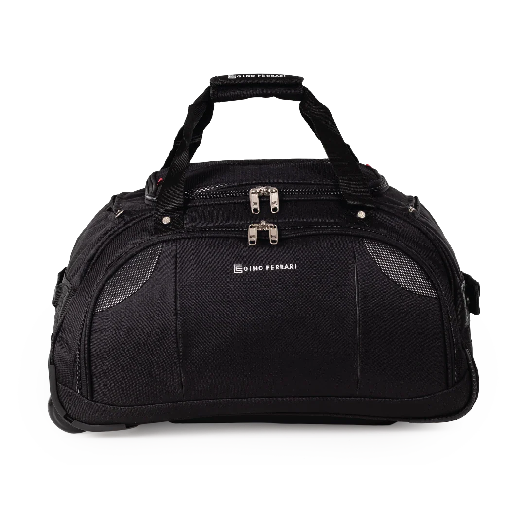 Black duffel bag with branding on a white background