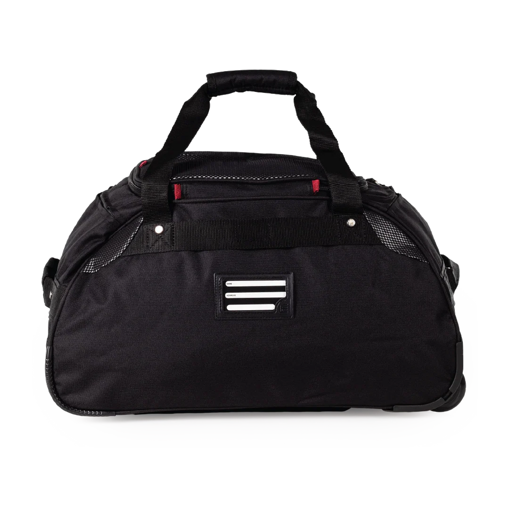 Black duffel bag with a handle on a white background