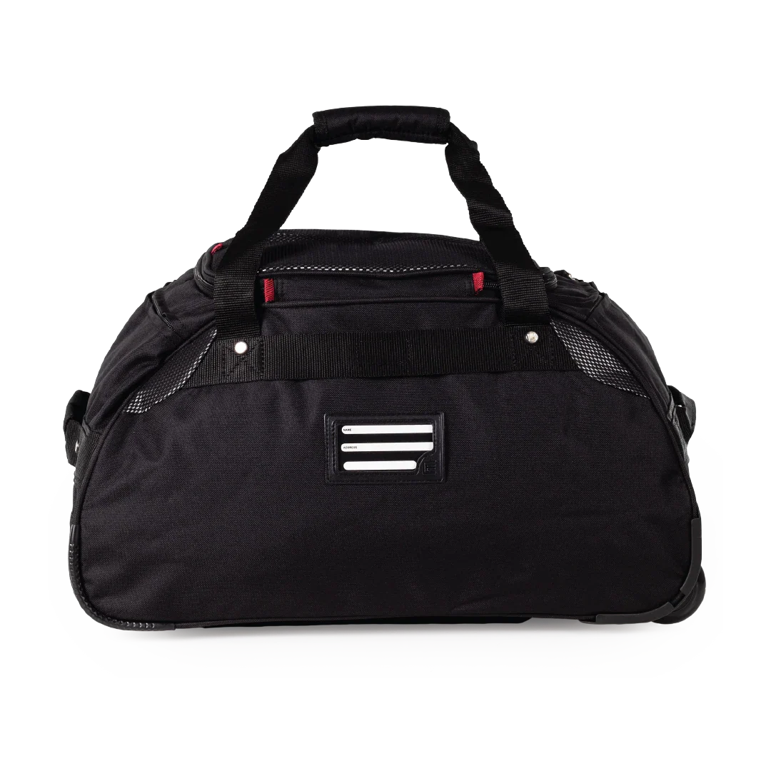 Black duffel bag with a handle on a white background
