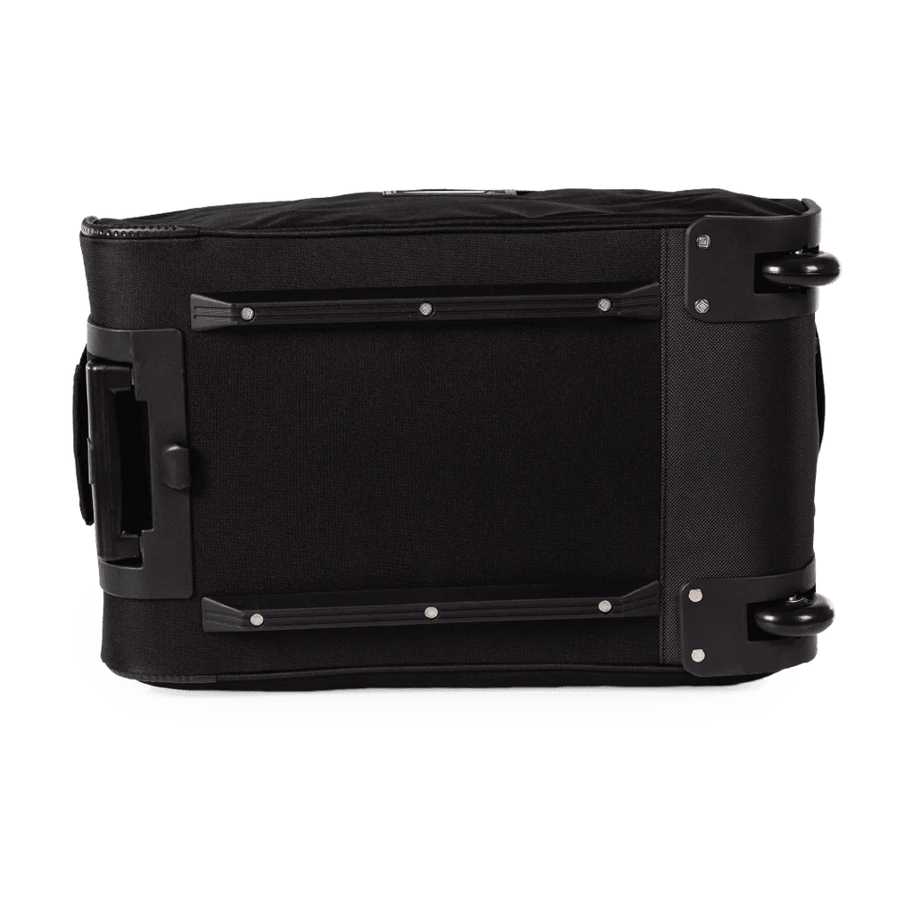Black suitcase with quilted pattern on a white background