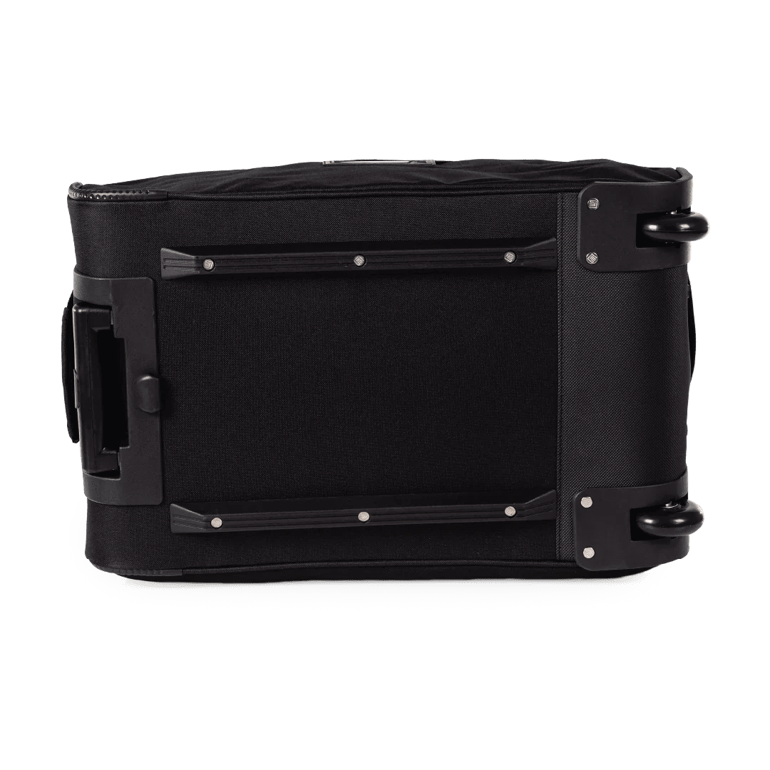 Black suitcase with quilted pattern on a white background