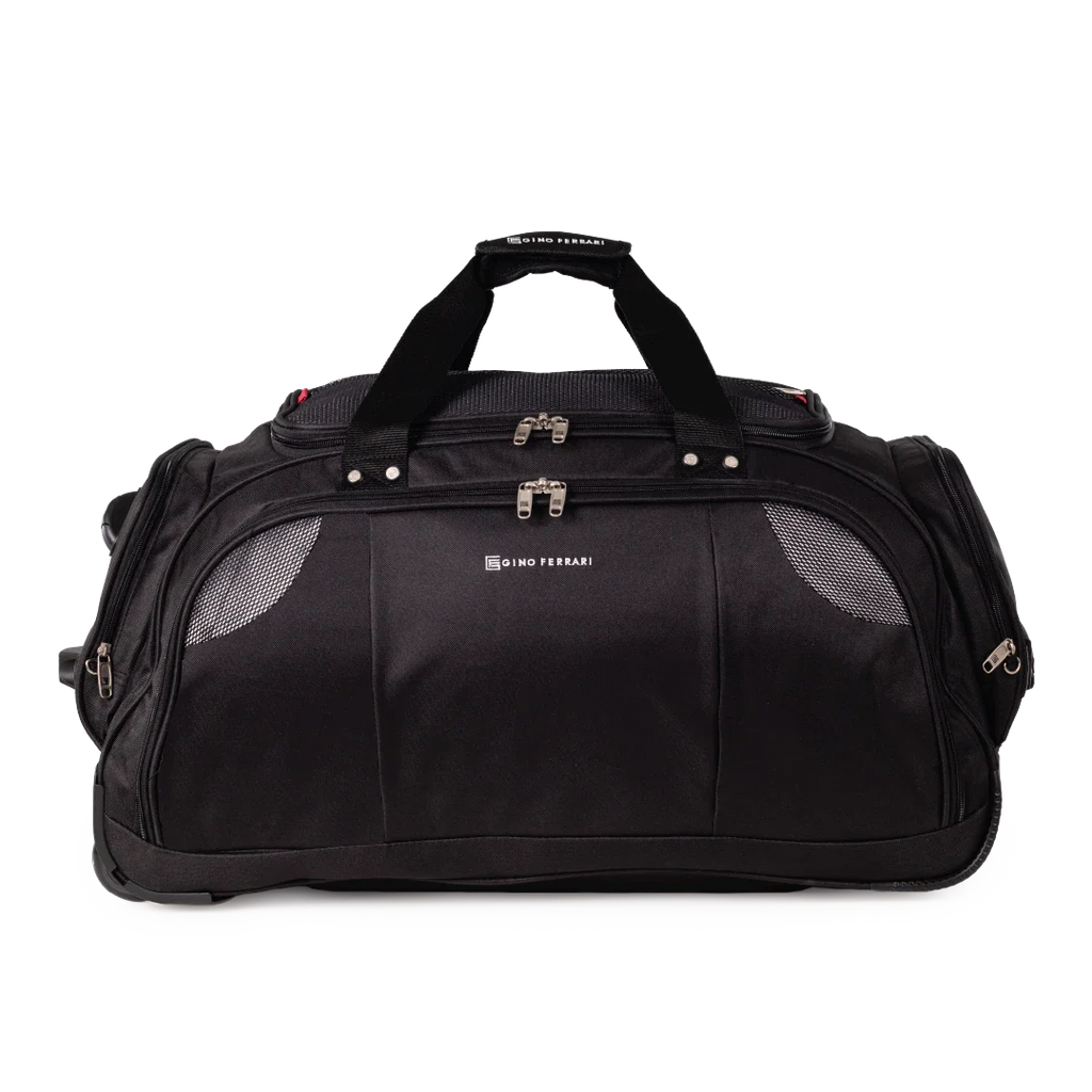 Black duffel bag with branding on a white background