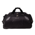 Black duffel bag with branding on a white background