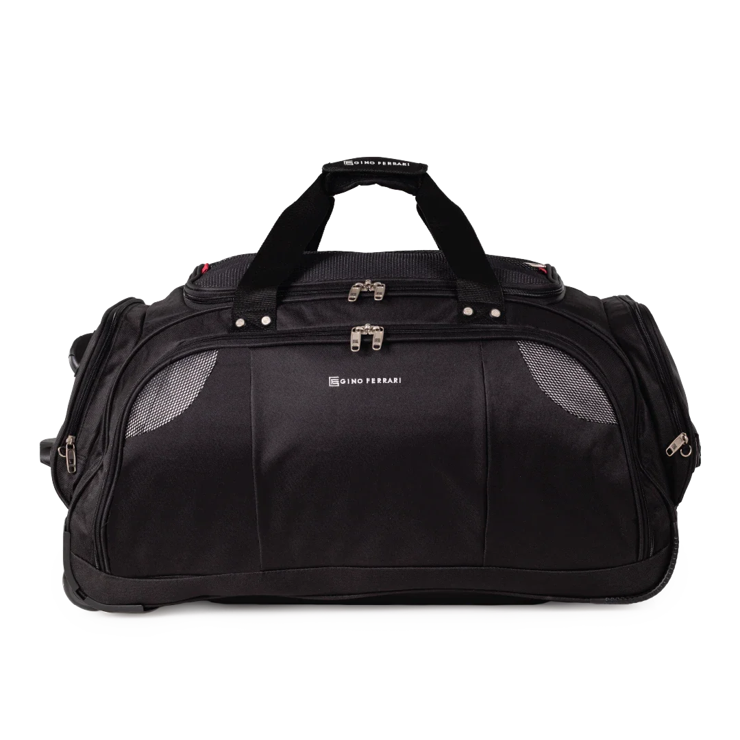 Black duffel bag with branding on a white background