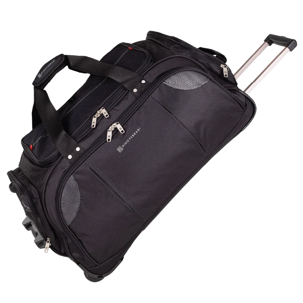Black rolling duffel bag on a white background