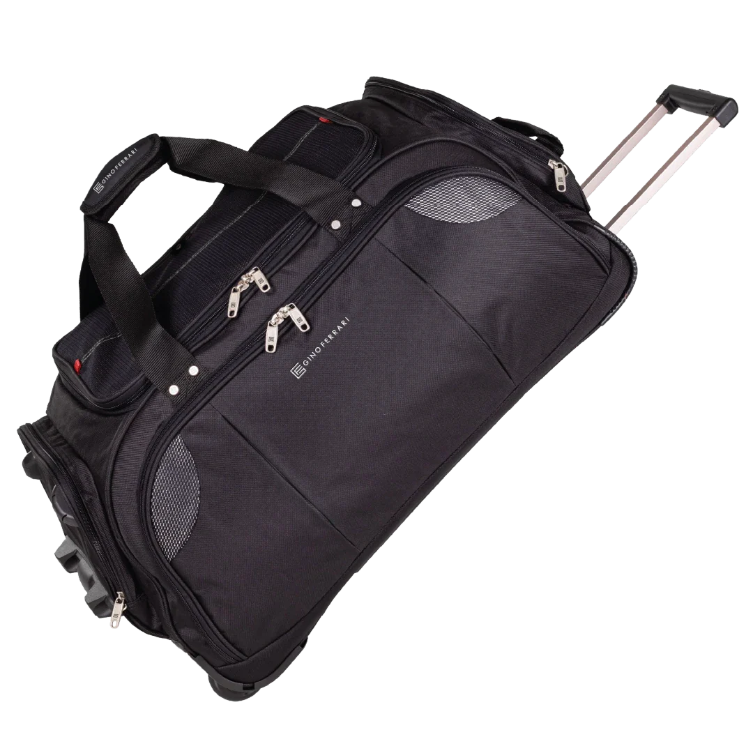 Black rolling duffel bag on a white background