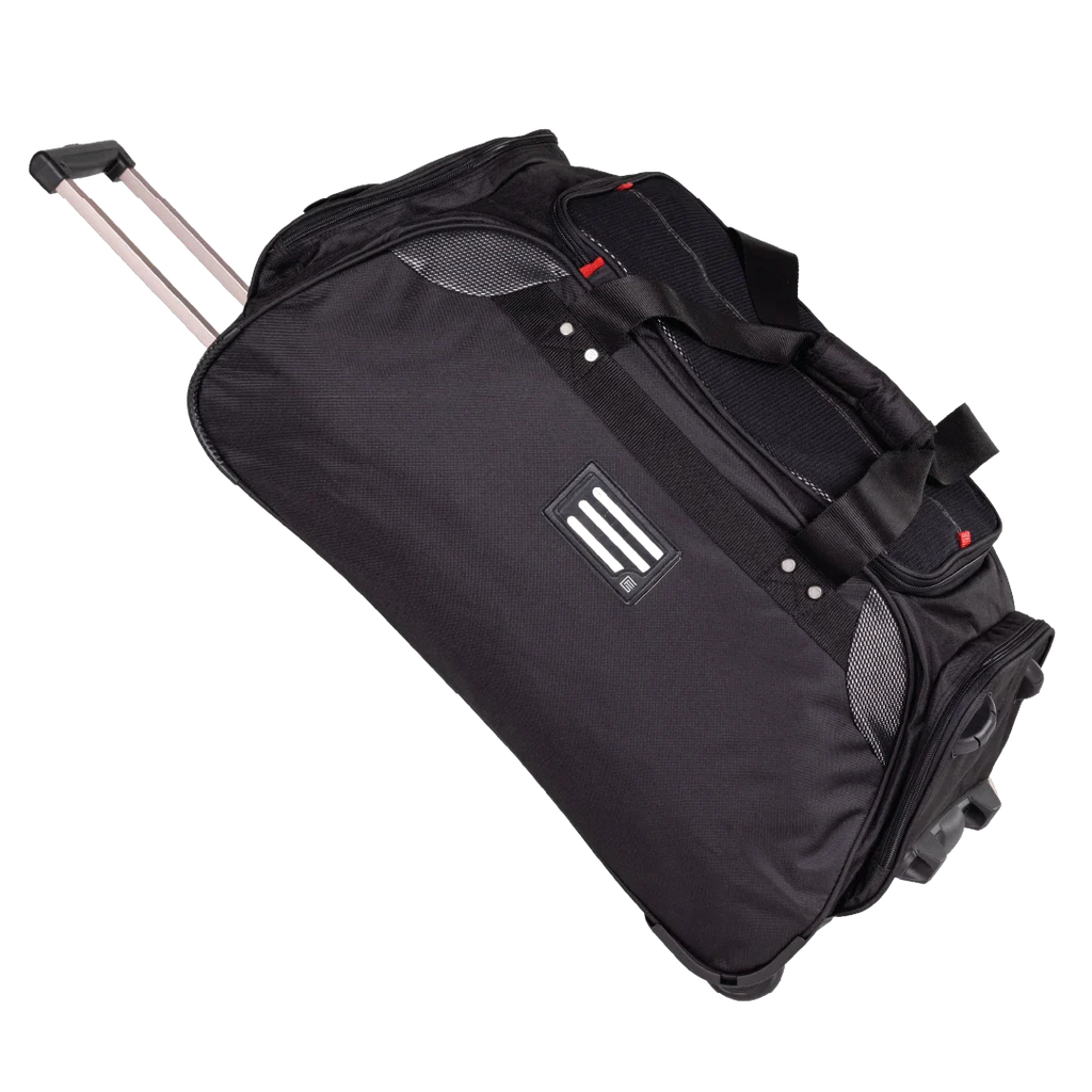 Black rolling duffel bag with a visible brand logo on a white background
