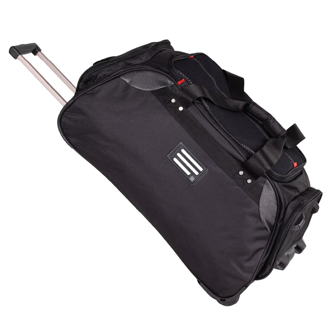 Black rolling duffel bag with a visible brand logo on a white background