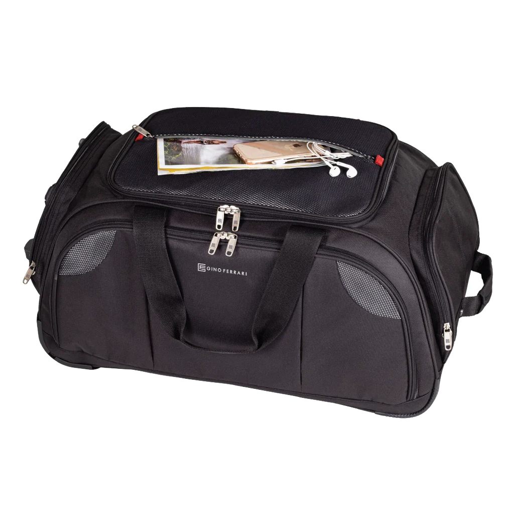 Black travel duffel bag with a visible brand logo on a white background