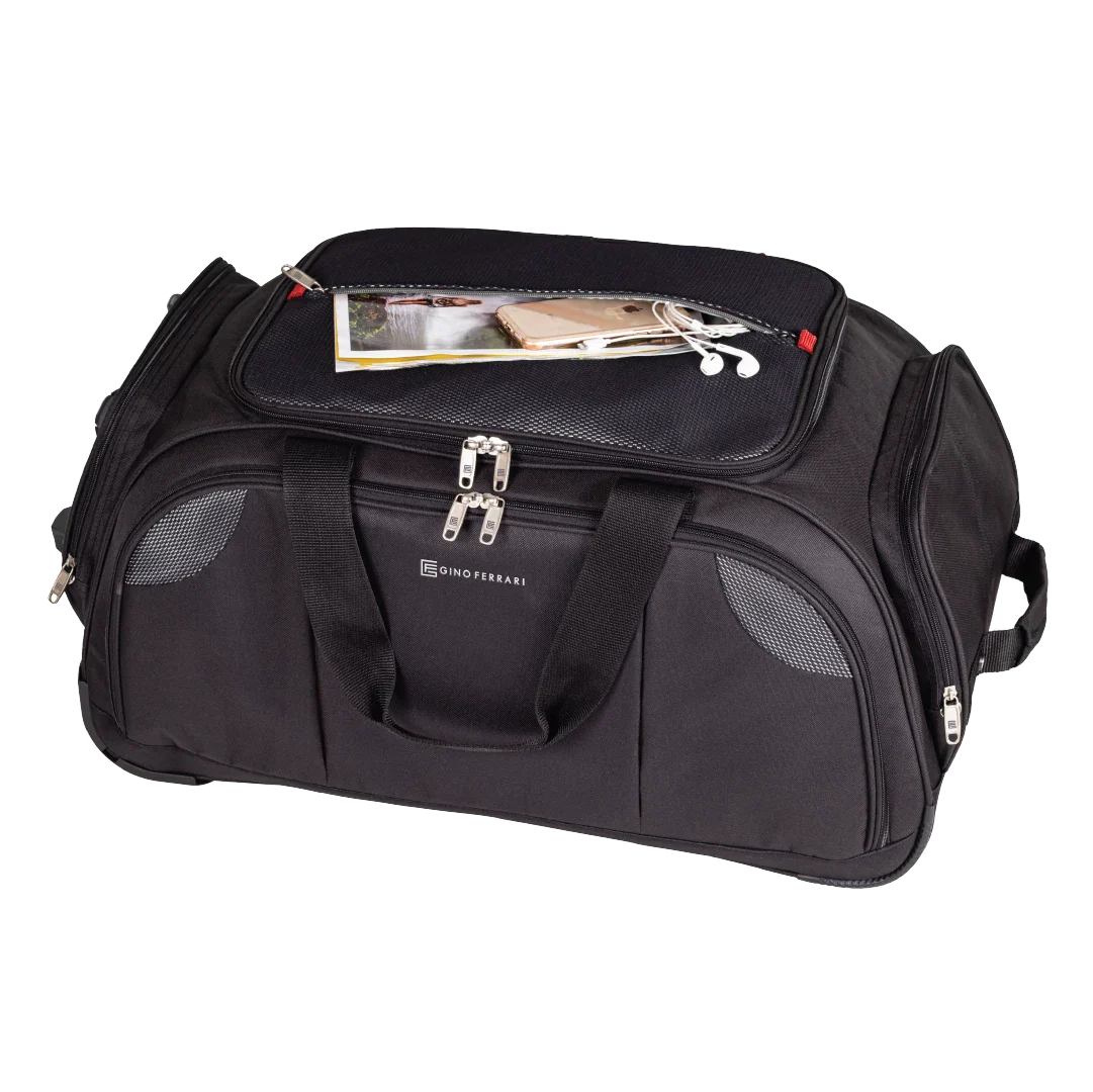 Black travel duffel bag with a visible brand logo on a white background