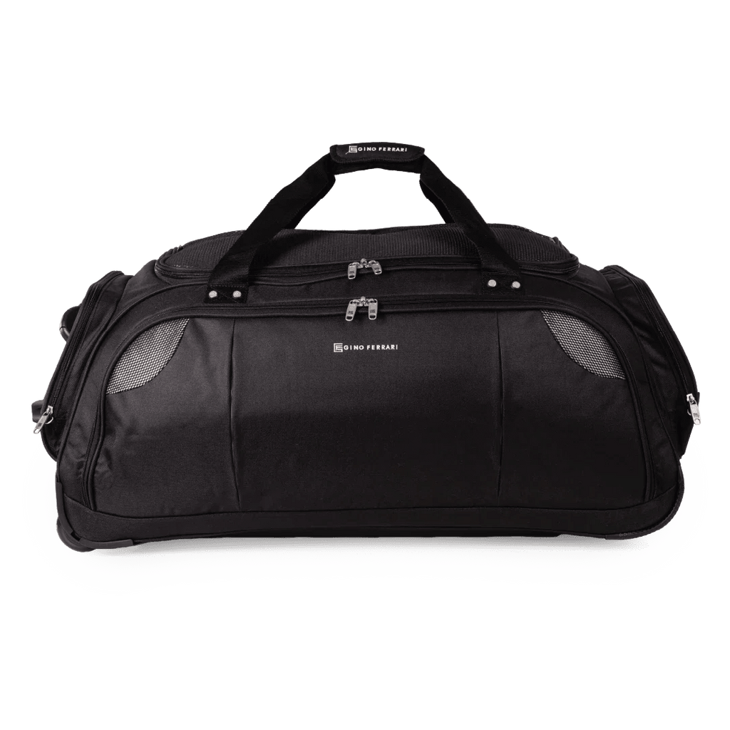 Black duffel bag with visible brand logo on a white background