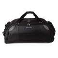 Black duffel bag with visible brand logo on a white background