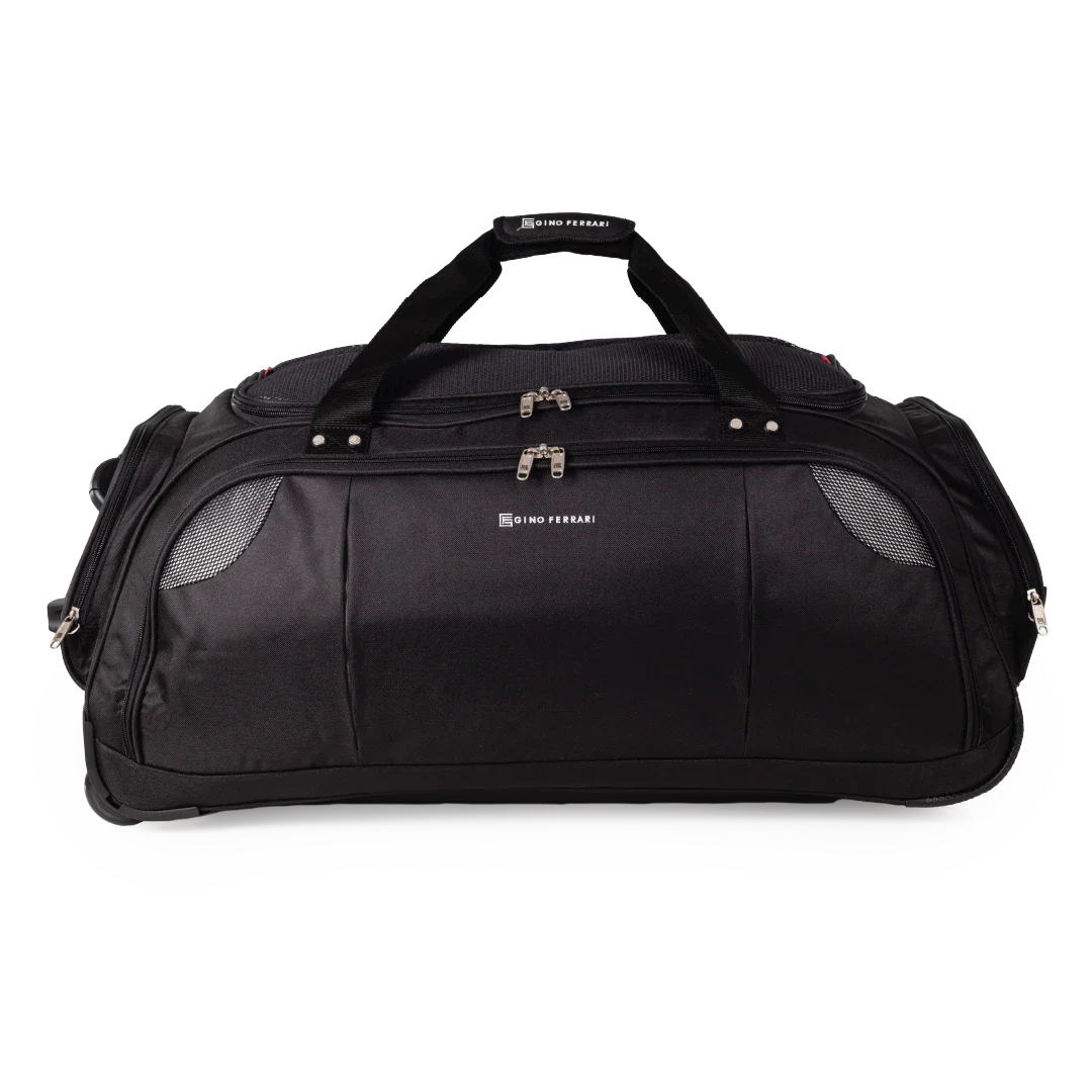 Black duffel bag with visible brand logo on a white background