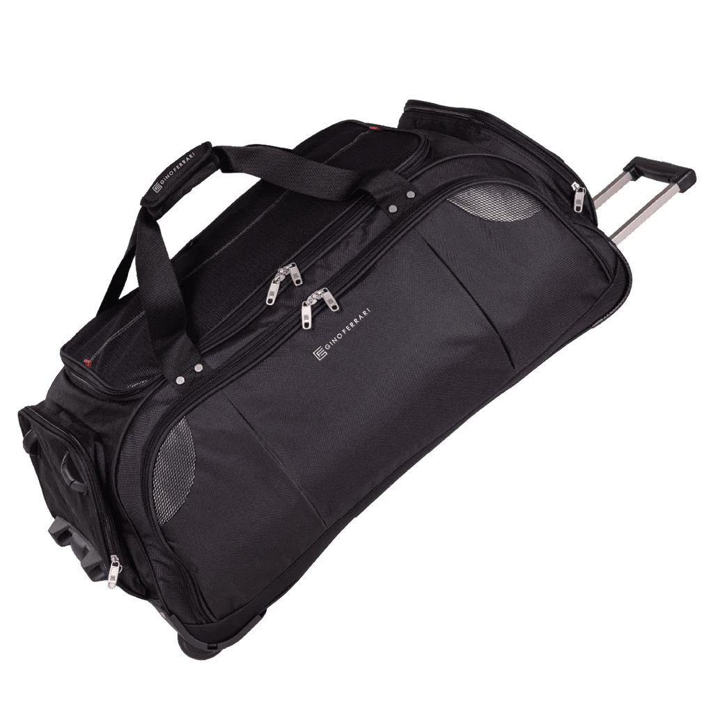 Black rolling duffel bag on a white background