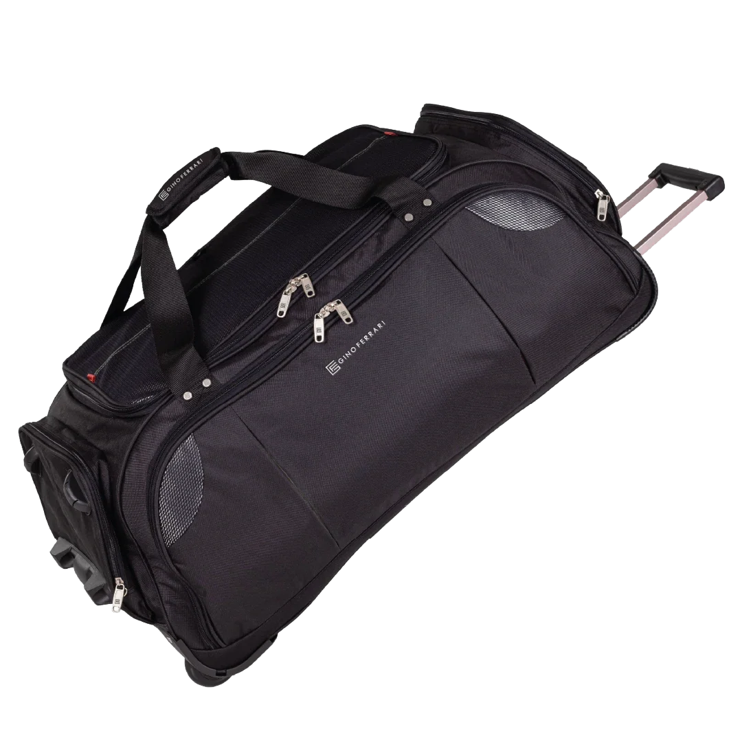 Black rolling duffel bag on a white background