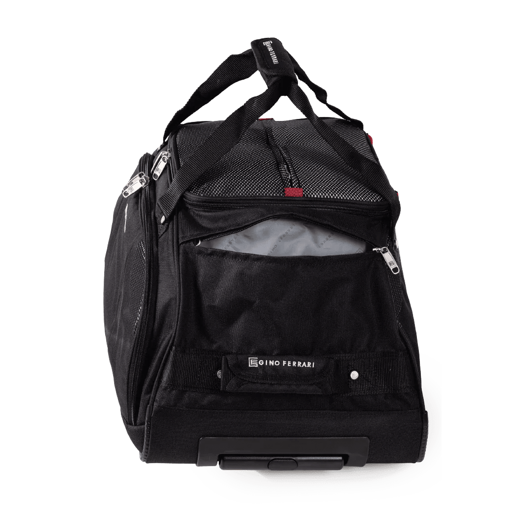 Black travel bag with wheels on a white background
