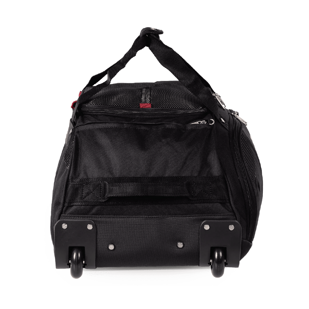 Black rolling duffel bag on a white background